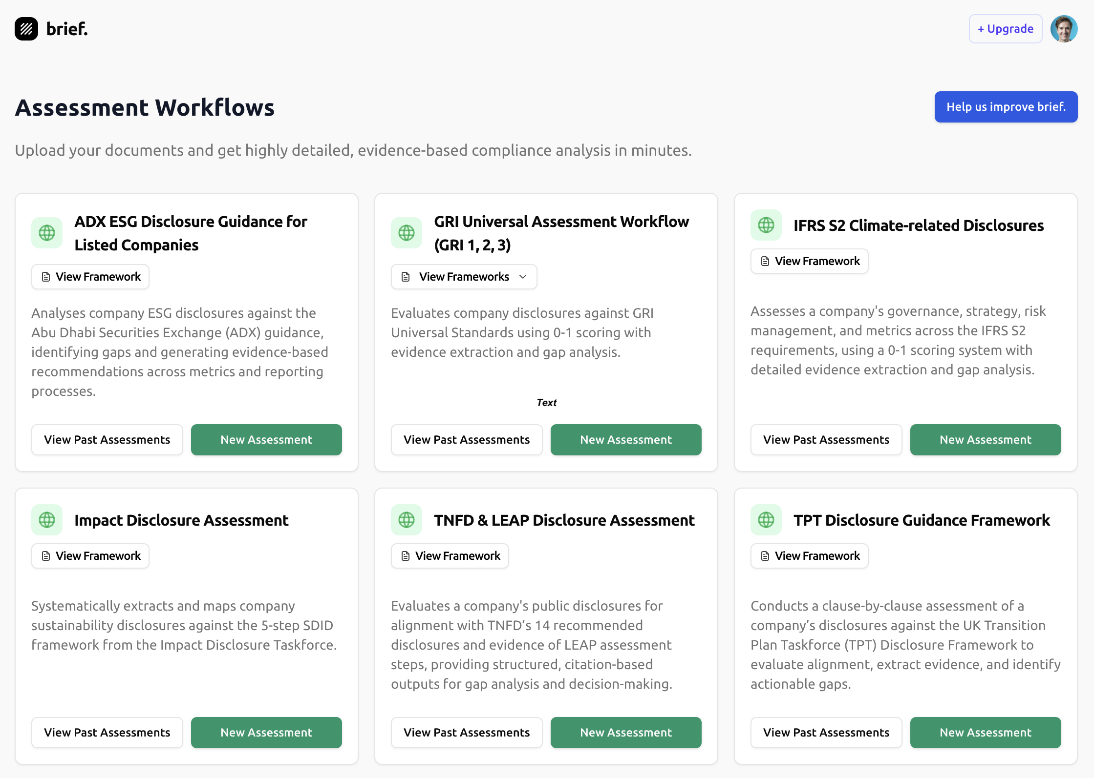ESG Assessment App Overview - Main dashboard showing assessment progress and metrics